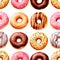 seamless pattern, sweet donuts. dessert, pastries, donuts with glaze, strawberries and chocolate.