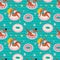 Seamless pattern sweet pink donut and watermelon inflatable swimming pool floats. Hand drawn funny women swim in the sea on an