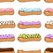 Seamless pattern. Sweet and yummy cream eclair dessert. Choux pastry filled with cream. Flat  illustration on white