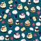 Seamless pattern with sweets. Cakes, muffins, pastries with cream, cakes, berries, marshmallows, chocolate on a blu background.