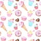Seamless pattern with sweets dessert - ice cream in a cone, cupcakes, donuts, macarons in pastel colors.