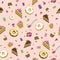 Seamless pattern of sweets, donuts, cakes and marmalade on a pink background