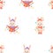 Seamless pattern with symbol of 2023 year. Cute rabbits with Christmas garland and toys on white background with