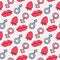 Seamless pattern symbol male and female. Comic style. Kiss lips and strawberry. Vector hand drawn surface design on cell pink