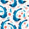 Seamless pattern taiwan blue magpie. Backdrop Blue cartoon bird and pink sakura blossoms. Urocissa caerulea. Exotic