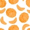 Seamless pattern with tangerines on white background. Peeled whole mandarins and slices.
