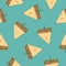 Seamless pattern with tasty club sandwiches pierced with cocktail stick on blue background. Delicious snack, appetizing