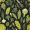 Seamless pattern with tasty green plants, salad leaves and spice herbs on black background. Backdrop with fresh