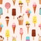 Seamless pattern with tasty sweet ice creams on light background. Backdrop with delicious frozen creamy refreshing