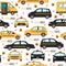 Seamless pattern with taxi cars. City transport. Yellow and black auto. Decor textile, wrapping paper, wallpaper design