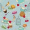 Seamless pattern with tea, cage, coffee pot, cup, jelly, cherry, berry, macaroon, strawberry, spoon, bird, flower, peony