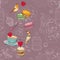 Seamless pattern with tea, cage, coffee pot, cup, jelly, cherry, berry, macaroon, strawberry, spoon, bird, flower, peony