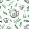 Seamless pattern with tea elements teapot, cup, mug, candy, baking. For wallpaper design, wrappers, packaging, scrapbooking,