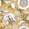 Seamless pattern with tea leaves, teapots, tea cups, tea bags, cookies, sugar and star anise