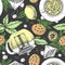 Seamless pattern with tea leaves, teapots, tea cups, tea bags, cookies, sugar and star anise