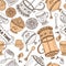 Seamless pattern from tea time still life set, sketch, doodle, hand draw