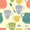 Seamless pattern with teacups and pitchers