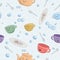 Seamless pattern with teapot, cups and bubbles. Decoration of invitations, poster for bubble party. Cute illustration of washing d