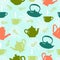 Seamless pattern with teapot, teacup,green leaves. Kitchen background. Vector design for fabric, clothes print, towel