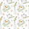 Seamless pattern with teapot, vase with twigs, plates with persimmon