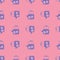 Seamless pattern with teapots doodle ornament. Kettles in blue color on pink background. Simple backdrop