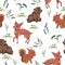 Seamless pattern with teddy bear, baby deer, squirrel, bush, flowers, leaves, berries. Cute cartoon characters.