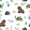 Seamless pattern with teddy bear, turtle, snail, flowers, leaves. Cute cartoon characters.