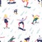 Seamless pattern of teenage mans and womens skateboarders riding skateboards. Skaters and dog skateboarding. Endless