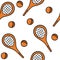 Seamless pattern with tennis racket and ball.Simple colorful sketch in Doodle style on a white background.