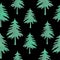 A seamless pattern texture of color green carved Christmas fir trees on a black background