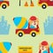 Seamless pattern texture with contruction vehicle with cute litle animal driver. For fabric textile, nursery, baby clothes,