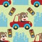 Seamless pattern texture with funny bear driving car in the road with village landscape. For fabric textile, nursery, baby clothes