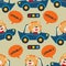 Seamless pattern texture with funny lion driving car in the road with village landscape. For fabric textile, nursery, baby clothes