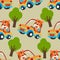 Seamless pattern texture with funny tiger driving car in the road with village landscape. For fabric textile, nursery, baby