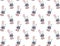 Seamless pattern of their cute contour lynxes in polka dot skirts, jumpers and scarves holding pink balloons on a white background