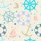 Seamless pattern on the theme of the sea. wheel, boat, life pres