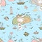 Seamless pattern on the theme of summer and the sea with cute girls on the beach. Vector