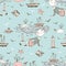 Seamless pattern on the theme of summer and the sea with cute girls on the beach. Vector