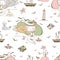 Seamless pattern on the theme of summer and the sea with cute girls on the beach. Vector