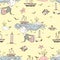 Seamless pattern on the theme of summer and the sea with cute girls on the beach. Vector