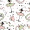 Seamless pattern on the theme of tailoring with tailor mannequins and sewing accessories. Vector