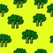 Seamless pattern with thin black outline broccoli isolated on yellow background. hand drawn vector. doodle fruit and vegetable for