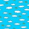 Seamless pattern with thin black outline clouds and sun isolated on blue background. hand drawn vector.
