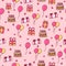 Seamless pattern with thin outline birthday celebration isolated on pink background. hand drawn vector. modern scribble for kids,