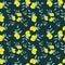 Seamless pattern of three pairs of lemons with leaves with dark  background. Vector with swatch