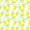 Seamless pattern of three pairs of lemons with leaves with light yellow  background. Vector with swatch