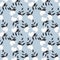 Seamless pattern of three pairs of in white lemons with black leaves with blue grey  background. Vector with swatch