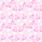 Seamless pattern of three pairs of white outlined lemons with leaves in pink with light pink background. Vector with swatch