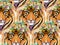 Seamless pattern. A tiger with a flower wreath on its head. Bright youth large design.