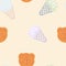Seamless pattern of tiger muzzles and ice creams in summer pastel color.